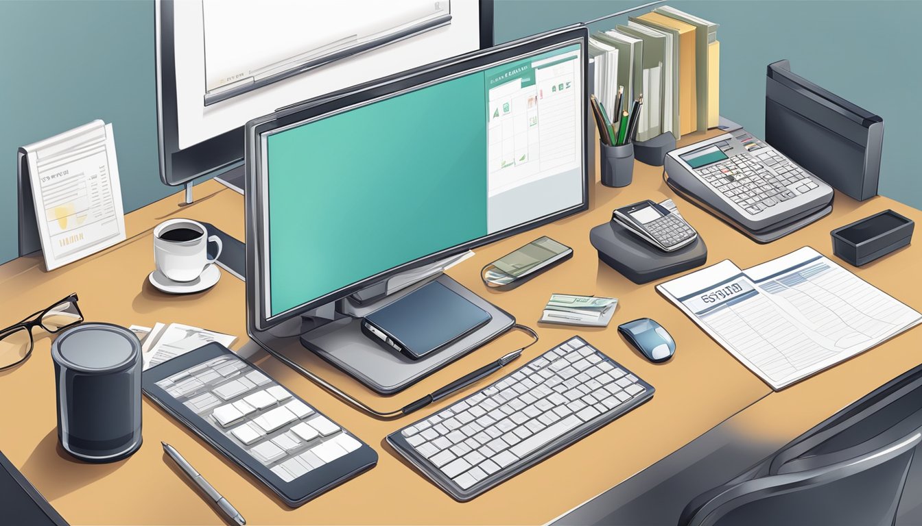 A desk with a computer, phone, and paperwork. A sign with the business name. A safe for storing money. A calendar and organizational tools