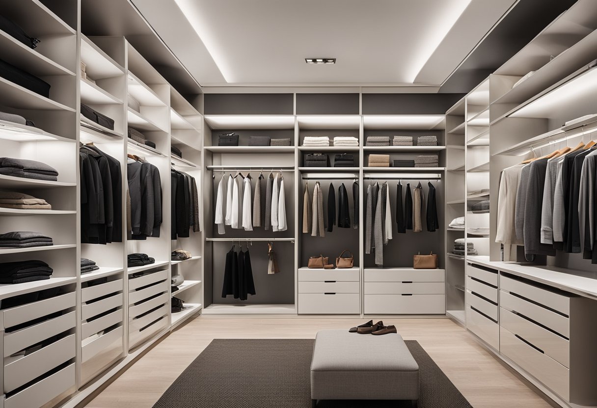 A spacious, organized walk-in wardrobe with sleek, modern design and ample storage for bedroom essentials
