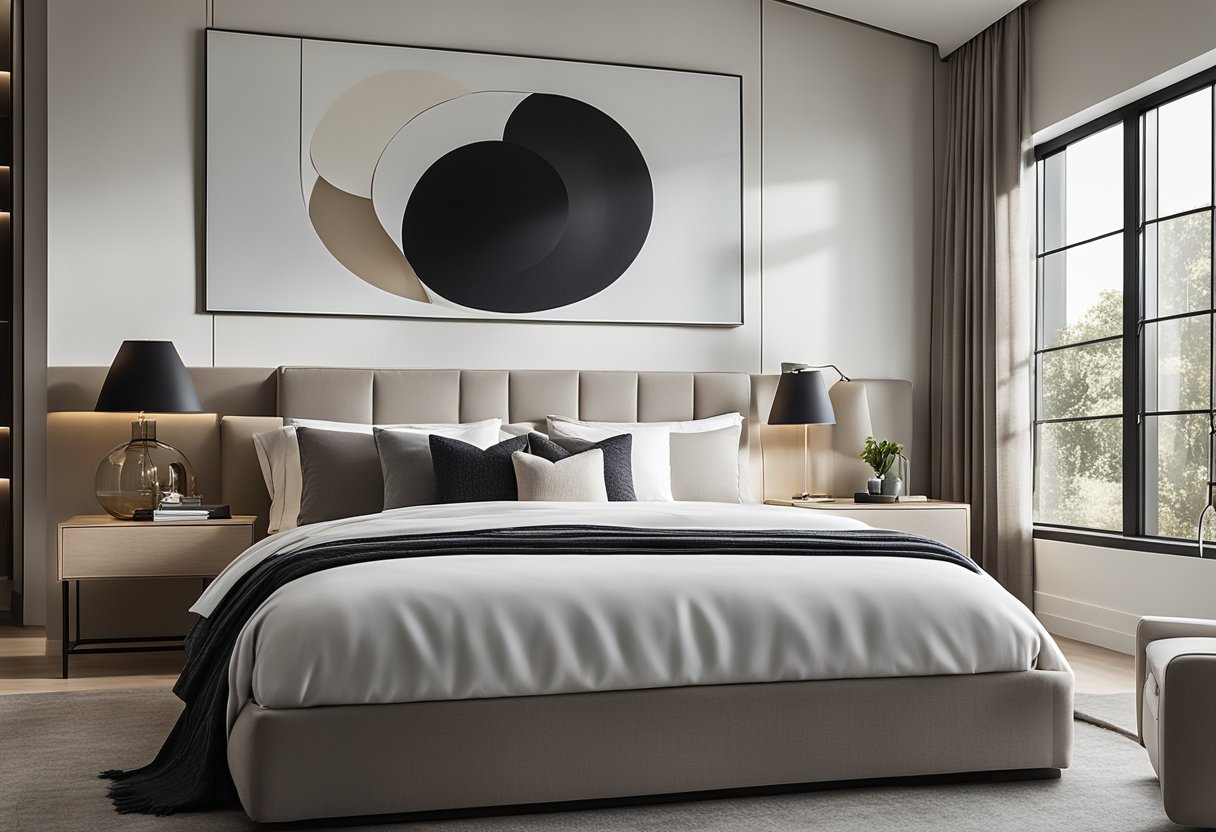A modern, minimalist bedroom with sleek furniture, clean lines, and a neutral color palette. The bed is the focal point, with a luxurious headboard and crisp, white linens. A large, abstract artwork adorns the wall, adding a pop
