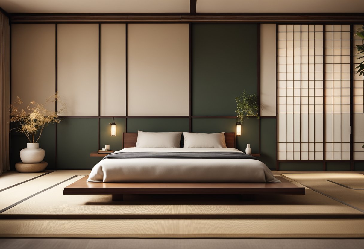 A sleek, minimalist Japanese bedroom with low platform bed, sliding shoji screens, and tatami mat flooring. Warm, neutral colors and clean lines create a tranquil and modern atmosphere