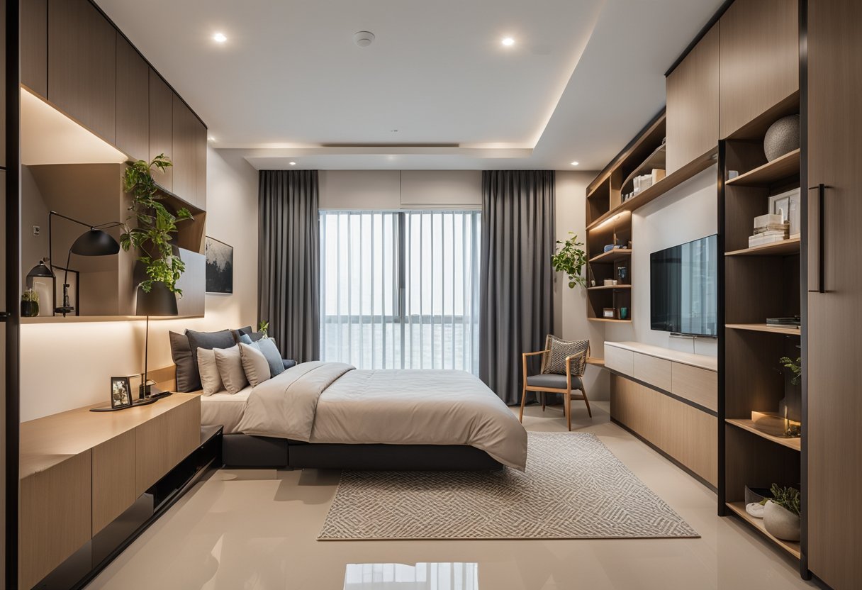 A modern 3-bedroom HDB design with sleek furniture, ample storage, and natural light