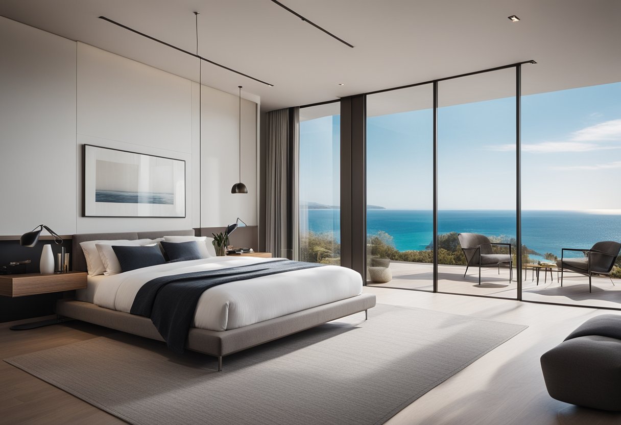 A sleek, minimalist bedroom with a large, plush bed, floor-to-ceiling windows offering a view of the ocean, and contemporary artwork adorning the walls