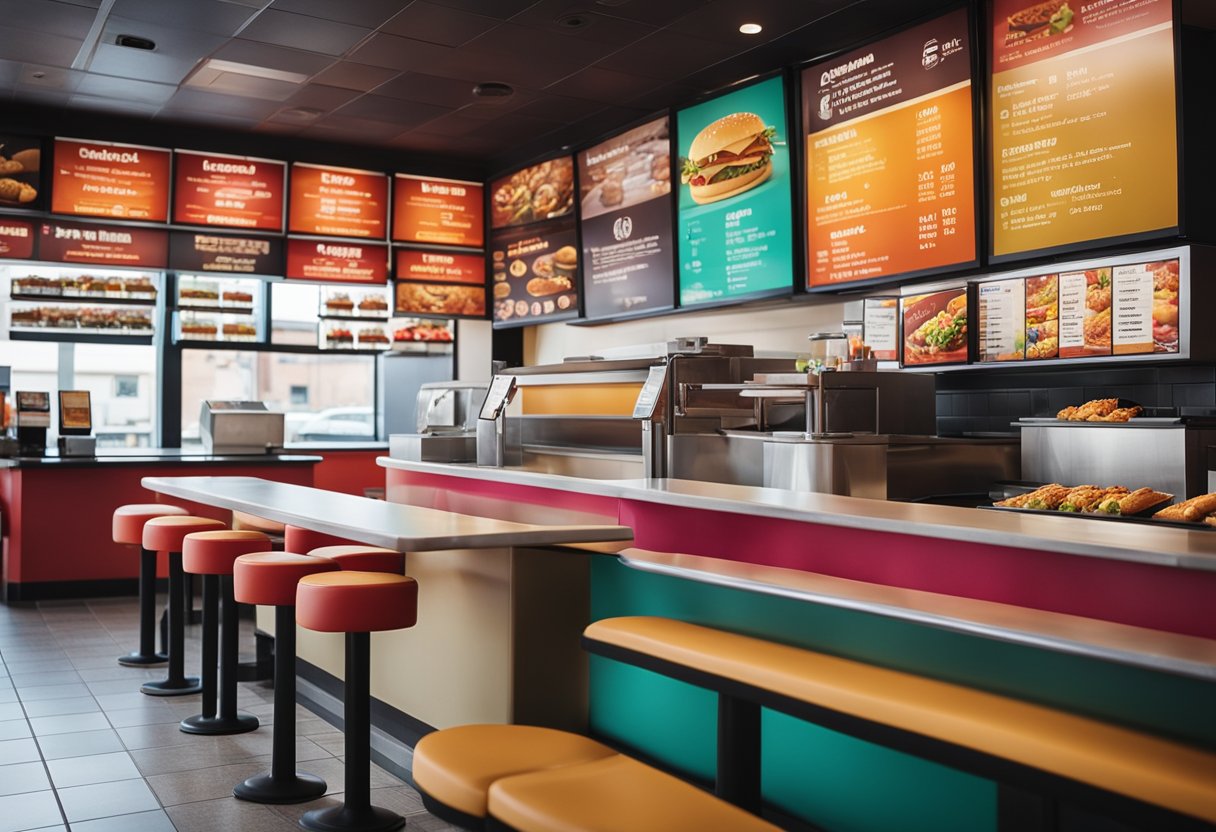 The fast food restaurant interior features bright colors, plastic seating, and a counter with a menu board and food display