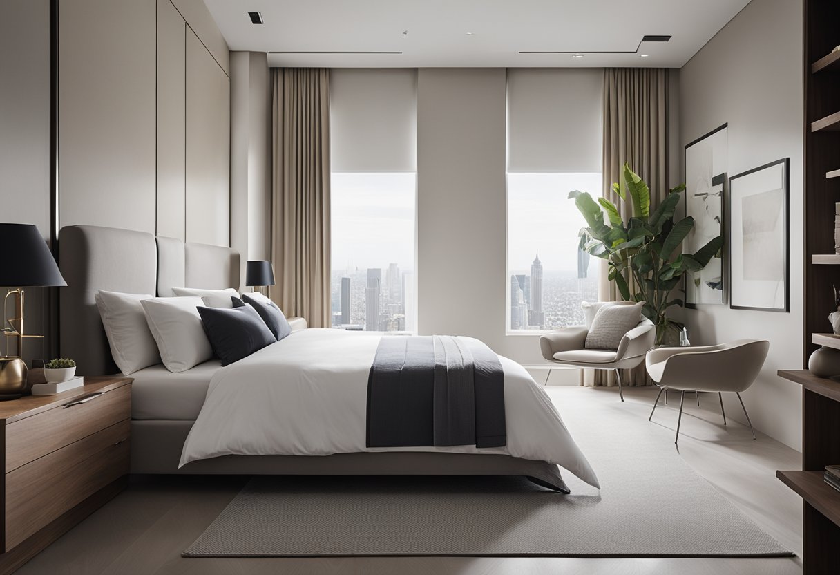 The master bedroom features modern design with clean lines, neutral colors, and minimalist furniture. The aesthetic is sleek and sophisticated, with a focus on functionality and simplicity