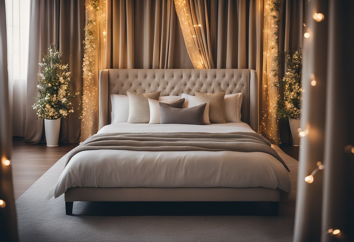 A luxurious king-size bed with soft, plush bedding sits against a backdrop of elegant drapes and twinkling fairy lights, creating a romantic and cozy atmosphere
