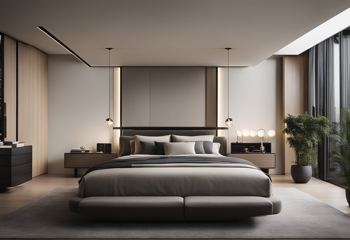 A sleek, modern bedroom with clean lines, neutral colors, and luxurious textures. A Poliform bed with minimalist nightstands and a statement lighting fixture create a sense of functional elegance