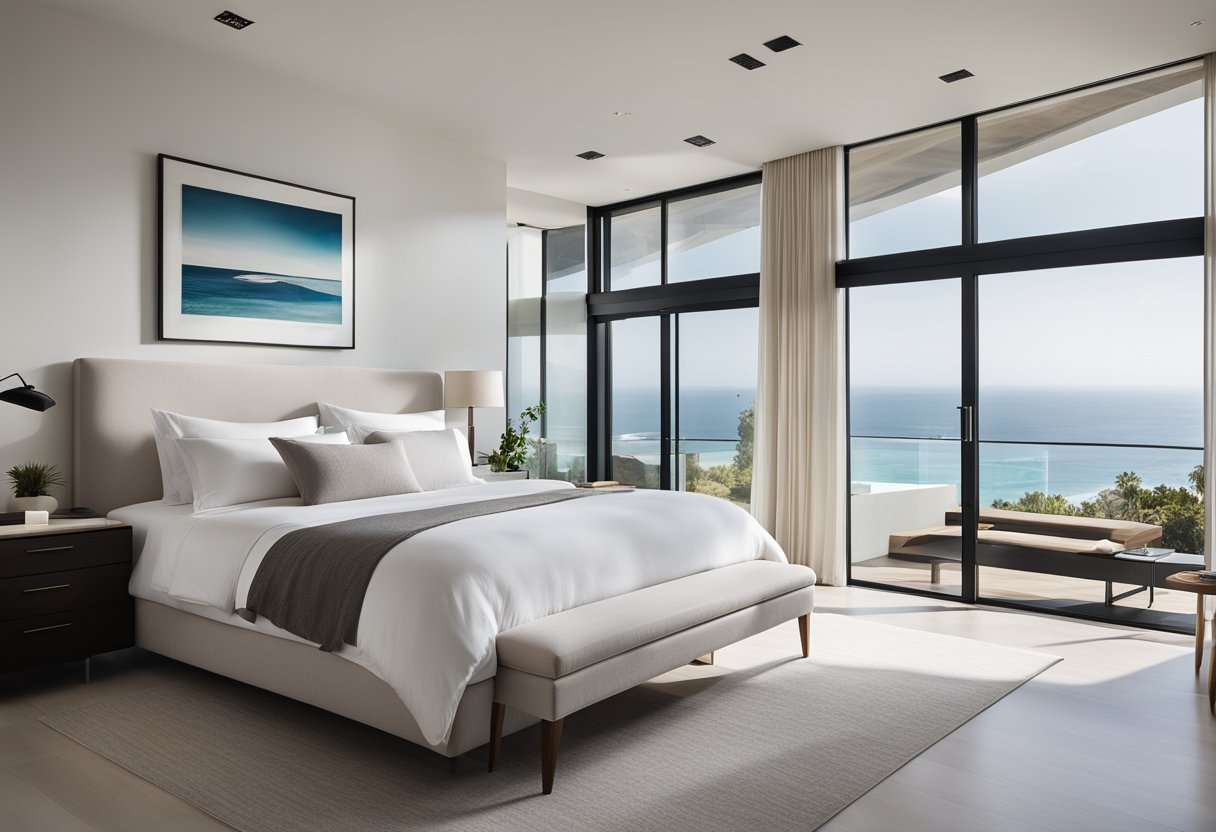 A sleek, minimalist bedroom with a king-sized bed, crisp white linens, and a panoramic view of the ocean. The room is bathed in natural light, with modern furnishings and a neutral color palette