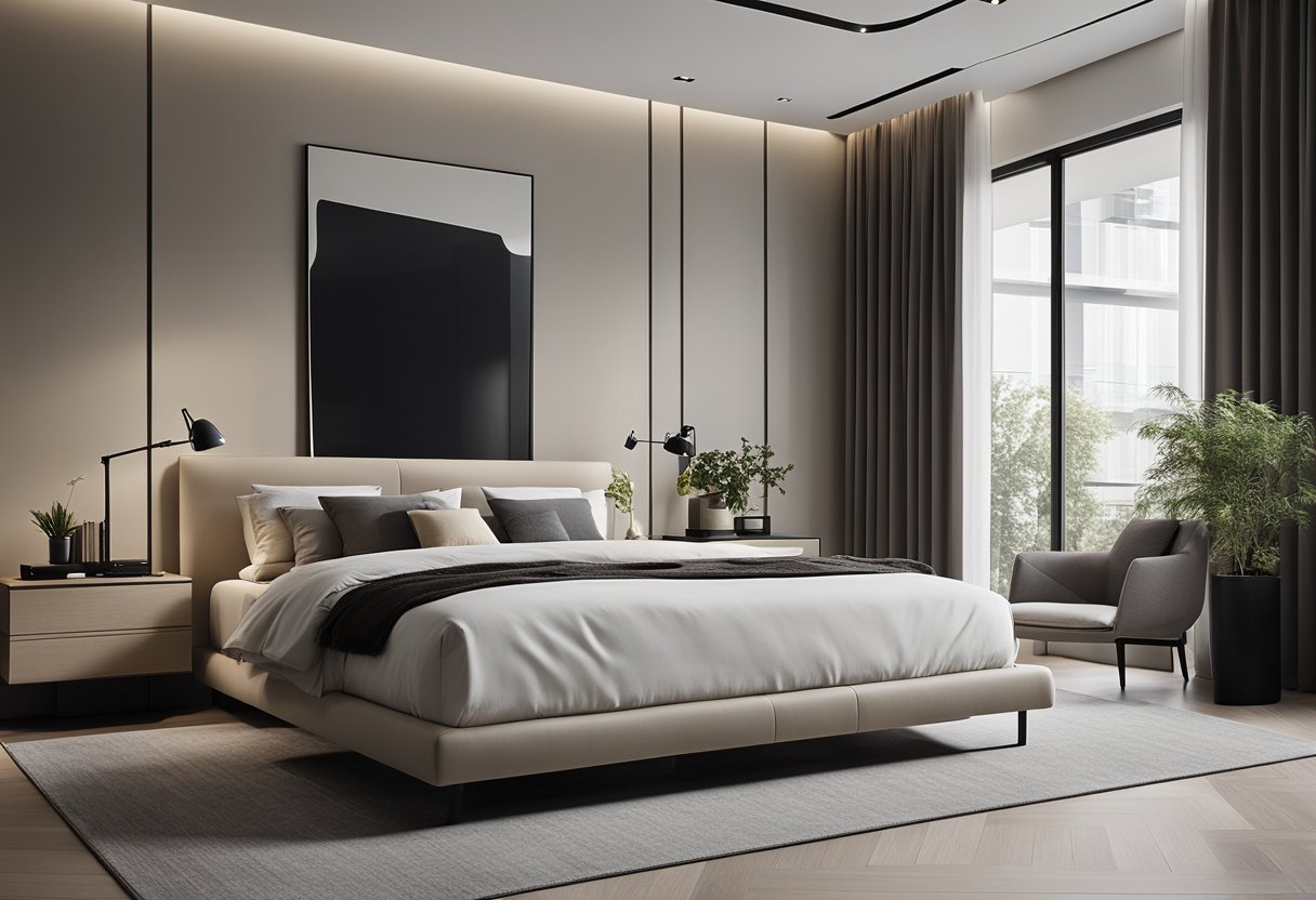 A modern bedroom with Poliform design features, clean lines, and minimalistic furniture. Neutral color palette with pops of accent colors