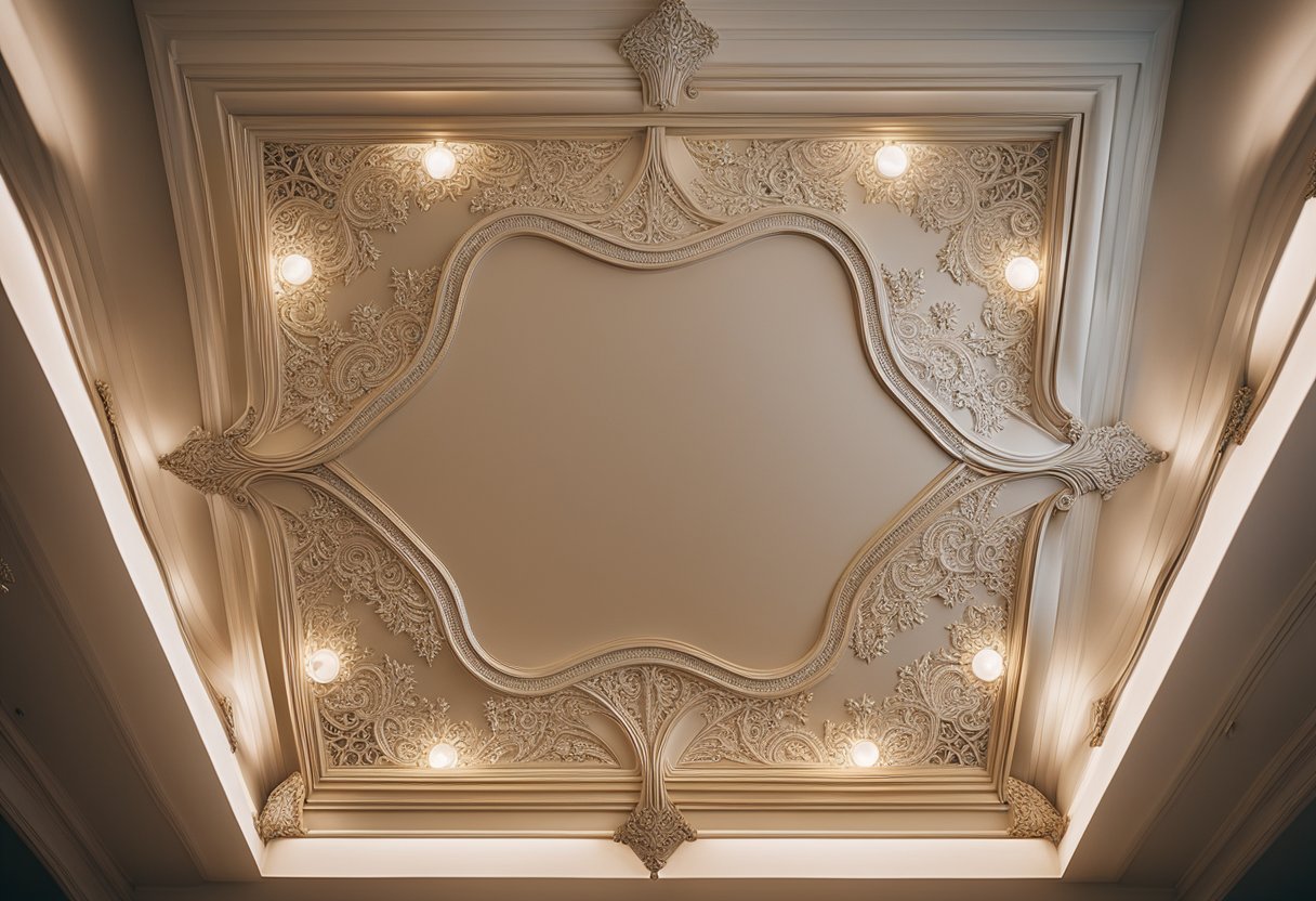 The bedroom ceiling features intricate custom detailing, with elegant patterns and subtle textures adding depth and interest to the space