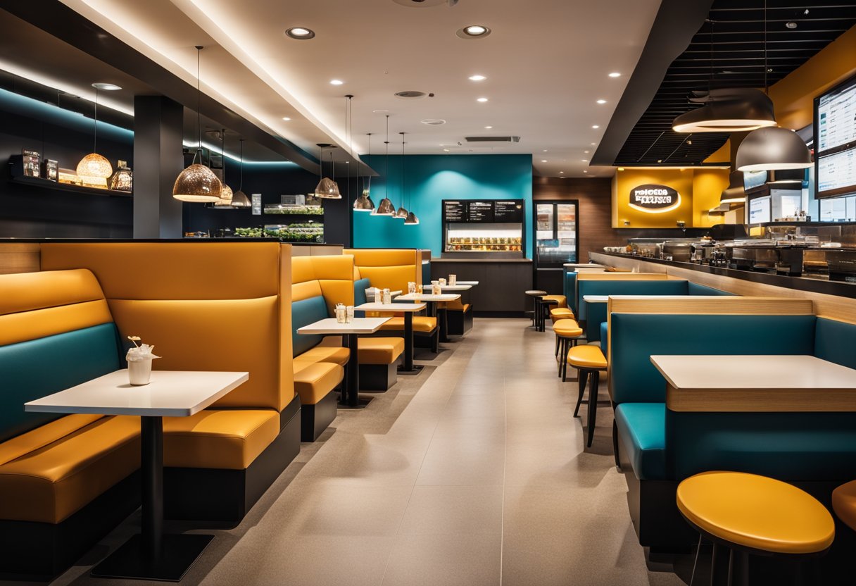 The fast food restaurant interior features bold colors, modern furniture, and a dynamic layout with a mix of booth and table seating. The space is well-lit with a combination of natural and artificial lighting