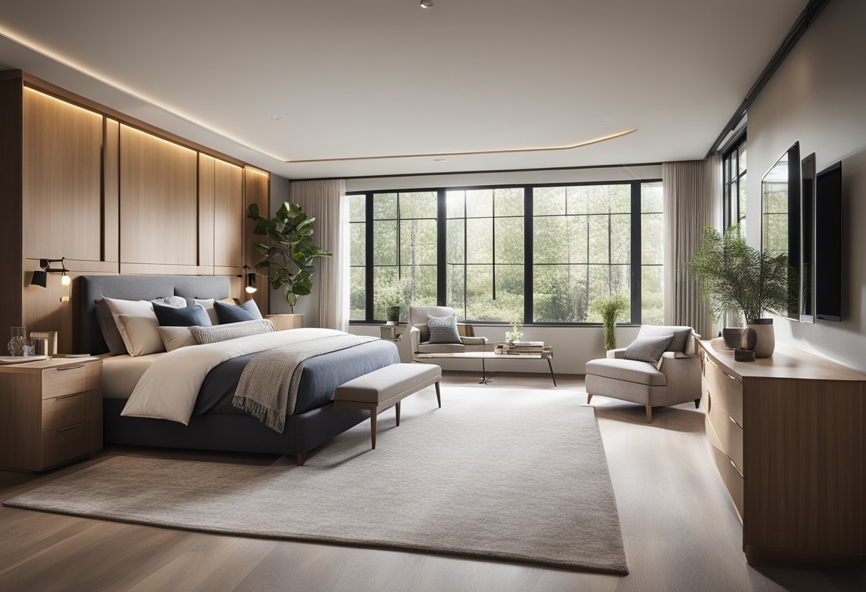 A spacious master bedroom with modern design features, including built-in storage, a cozy sitting area, and large windows for natural light