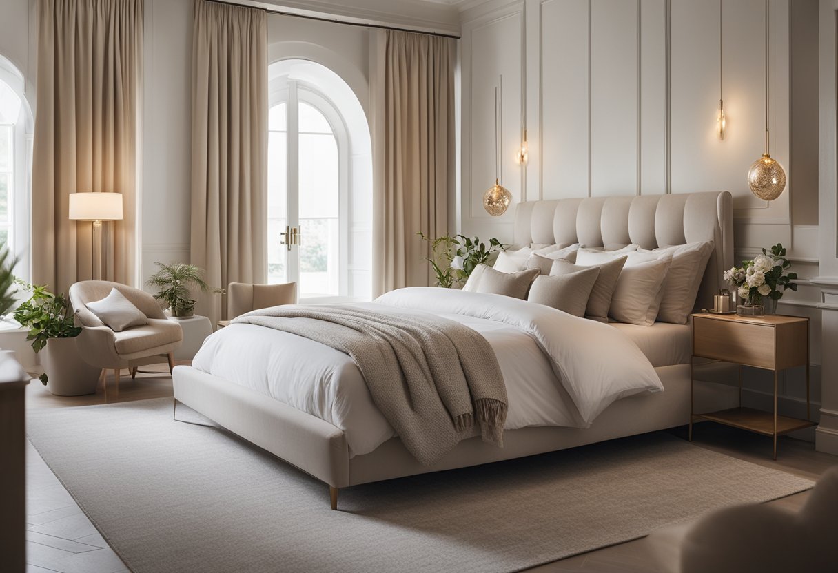 A cozy, elegant bedroom with a plush bed, soft lighting, and decorative accents. A large window lets in natural light, and a neutral color palette creates a serene atmosphere