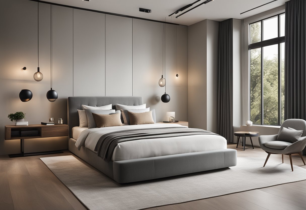 A spacious, minimalist bedroom with a neutral color palette, large windows, and a cozy seating area. A king-sized bed with luxurious linens and a sleek, modern design