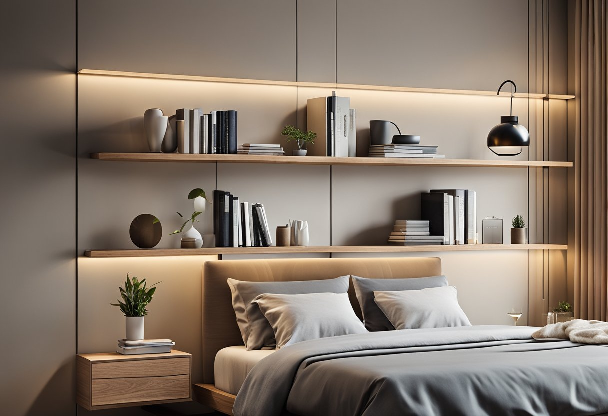 A bedroom with sleek, floating wall shelves in a minimalist design. The shelves are made of light wood and hold various decorative items and books