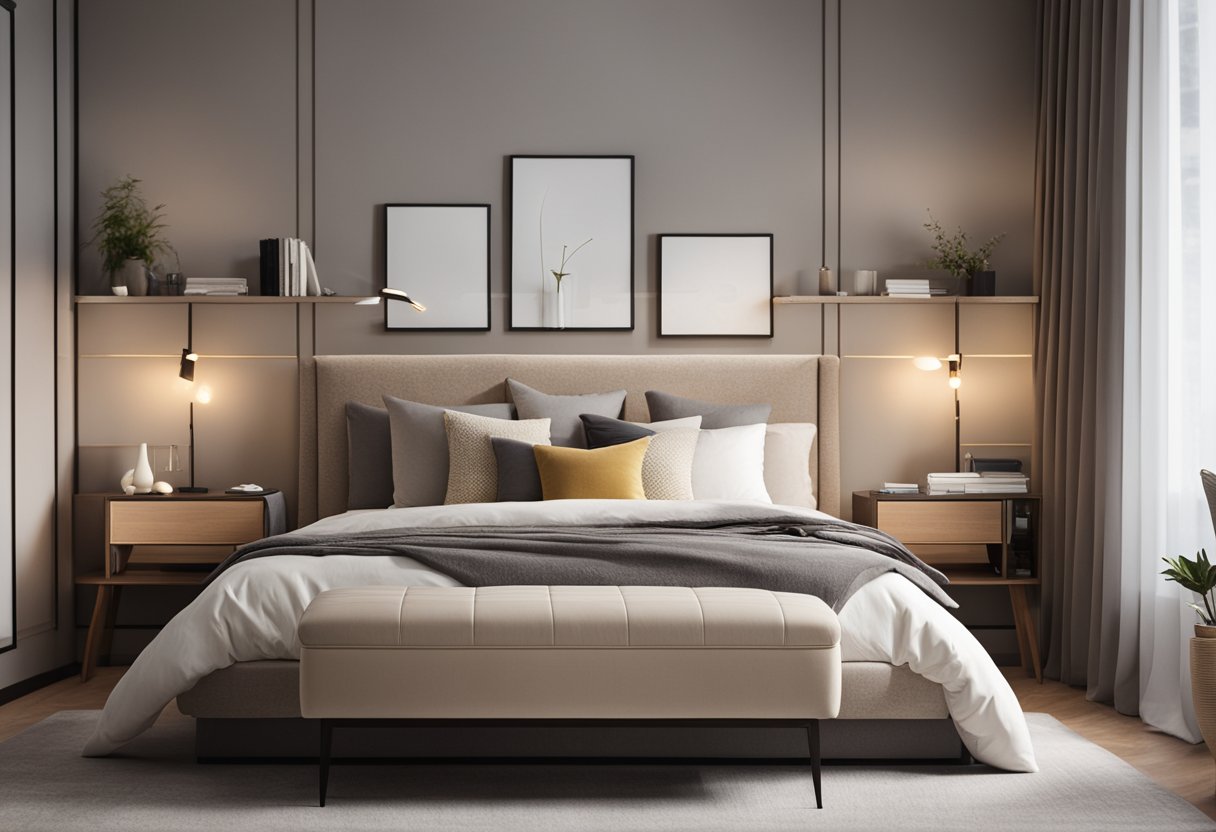 A cozy bedroom with modern furniture, soft lighting, and neutral colors. A large bed with plush pillows, a stylish dresser, and a comfortable reading nook