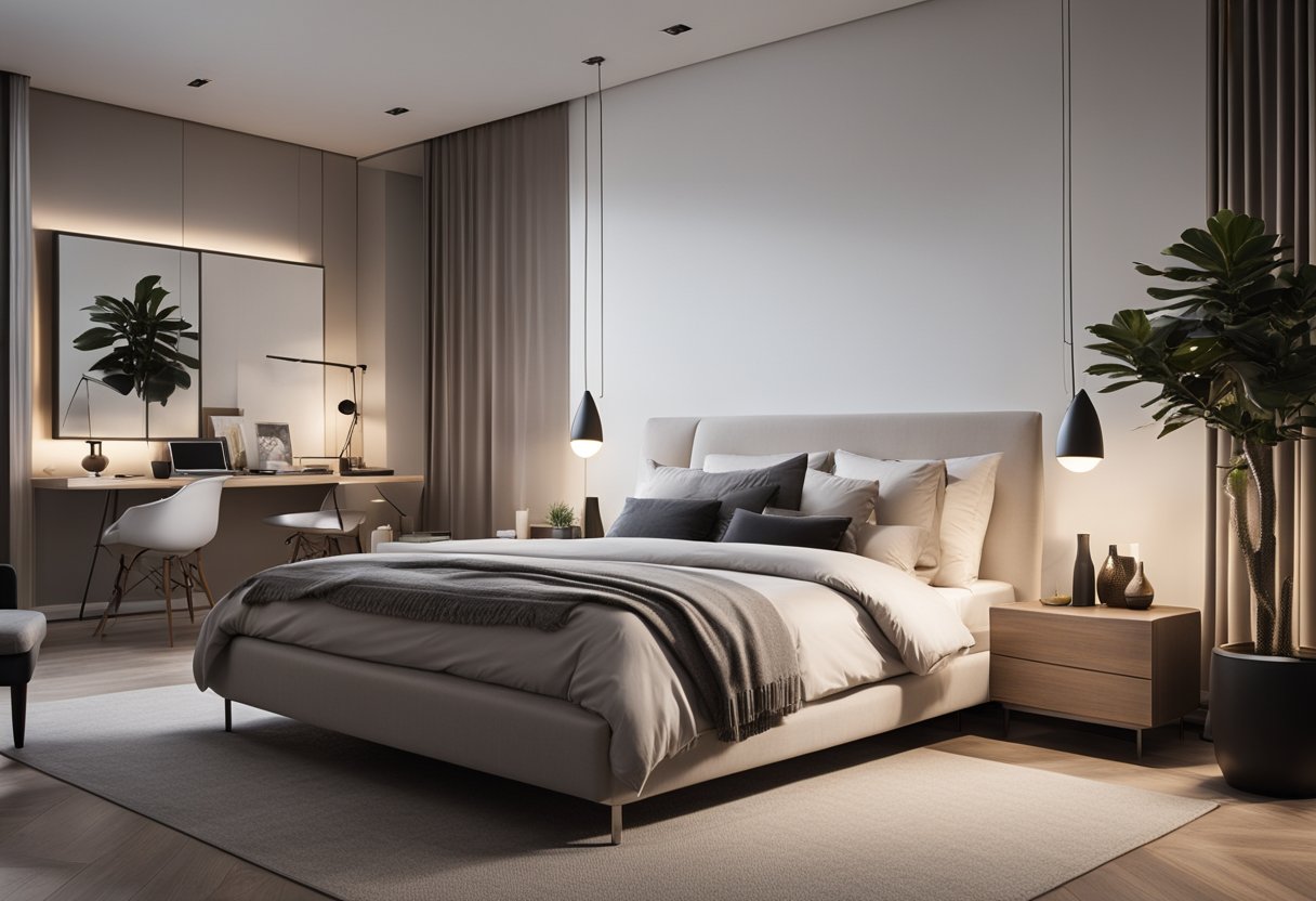 A sleek, minimalistic bedroom with clean lines, neutral colors, and modern furniture. A large, comfortable bed takes center stage, surrounded by contemporary lighting and decor