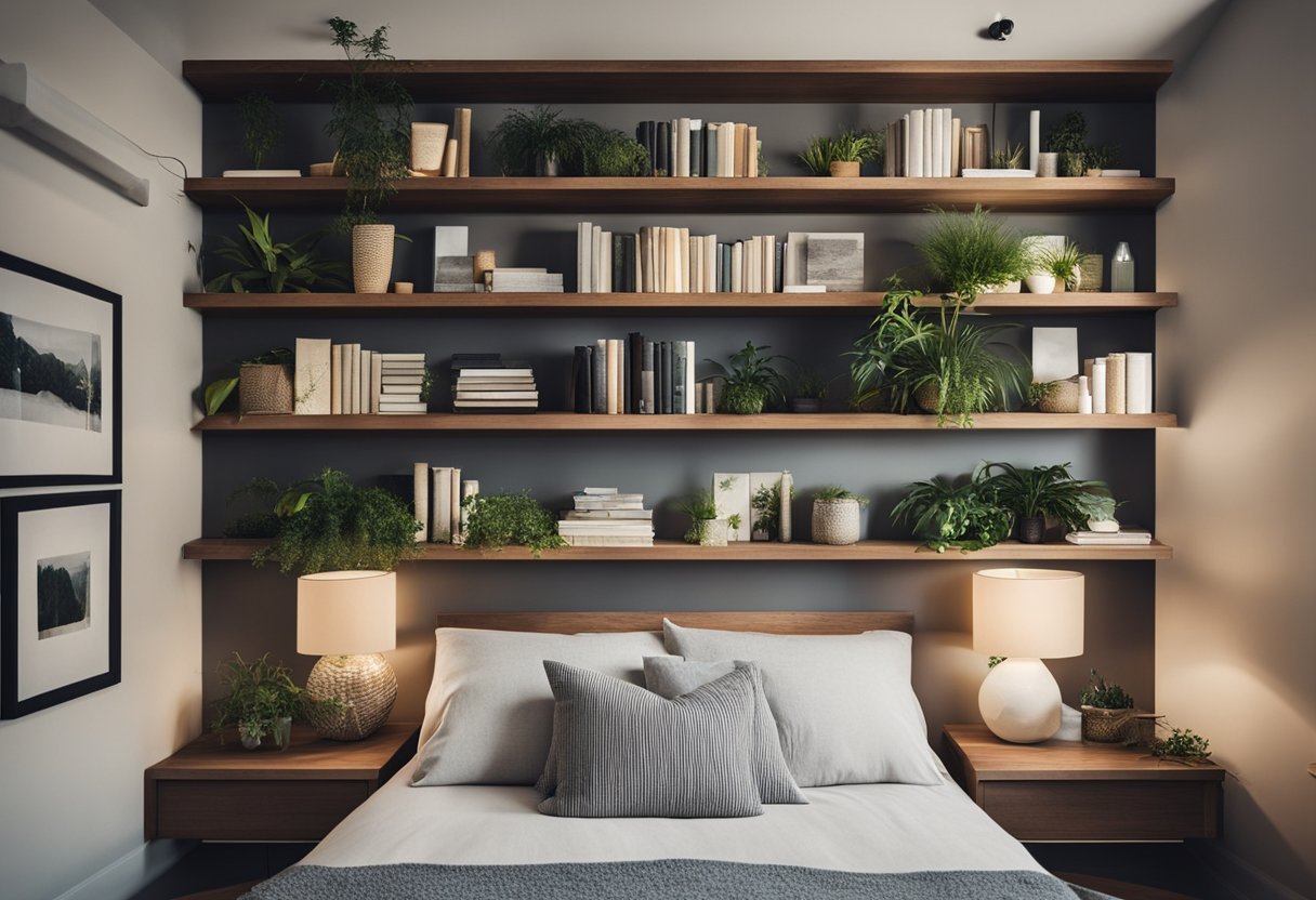 A bedroom with wall shelves filled with books, plants, and decorative items. The shelves are mounted above a bed, maximizing storage space