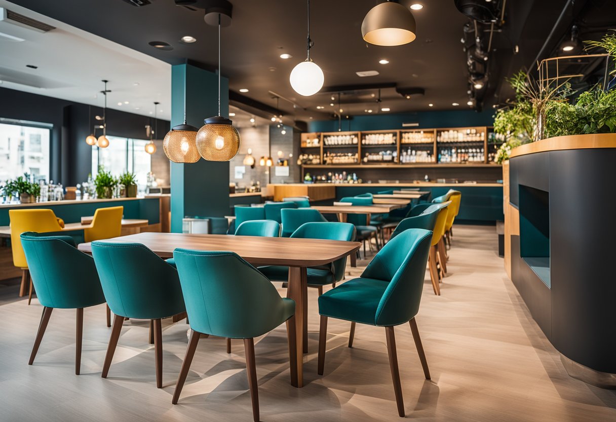 Bright, colorful interior with modern furniture and vibrant decor. Customers enjoy a lively, casual atmosphere with quick service and comfortable seating