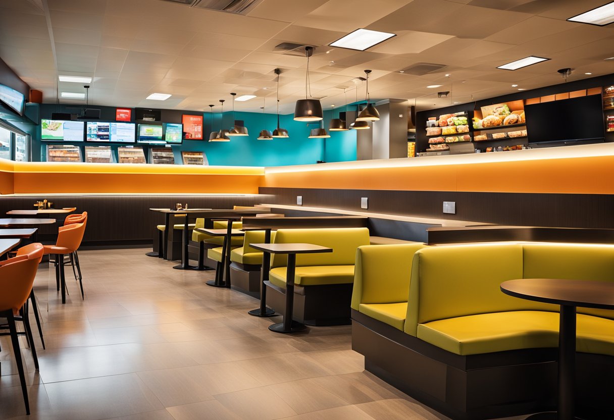 The interior of the fast food restaurant is modern and vibrant, with bright colors, sleek furniture, and a variety of seating options. The space is well-lit and features bold graphics and signage promoting the menu items