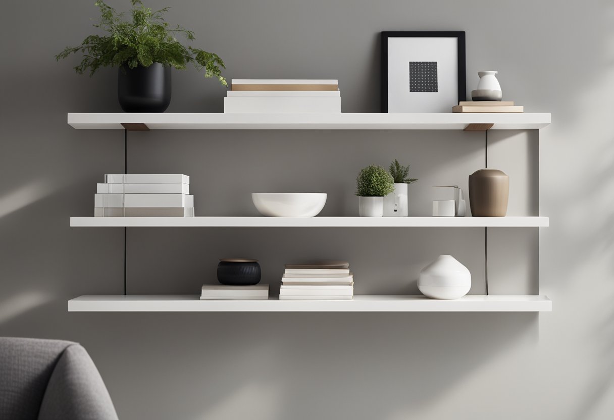 A sleek wall shelf with clean lines and modern materials, fitting seamlessly into a stylish bedroom while providing ample storage and display space