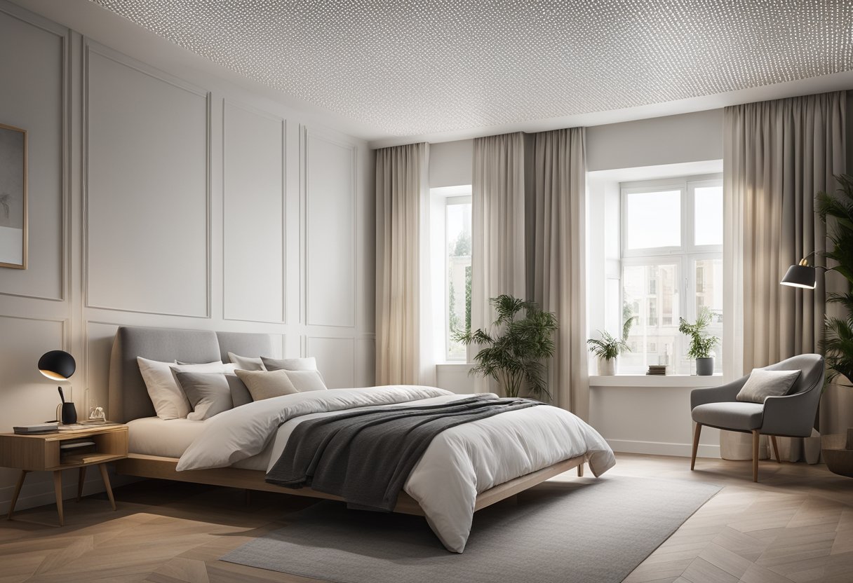A bedroom with a simple, modern ceiling design. Clean lines, minimalistic details, and a neutral color palette