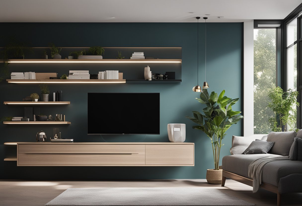 A modern TV unit in a bedroom with sleek lines, floating shelves, and integrated lighting, creating a minimalist and functional design