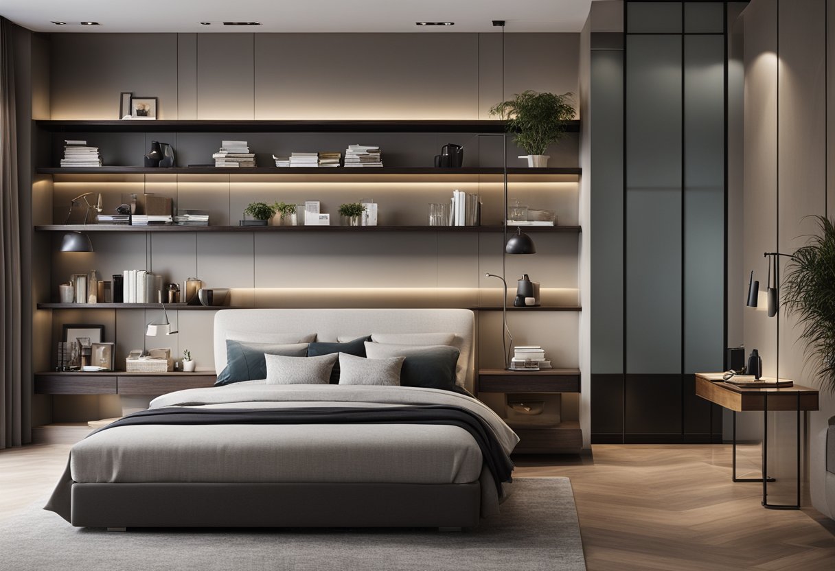 A modern bedroom with sleek wall shelves displaying various items