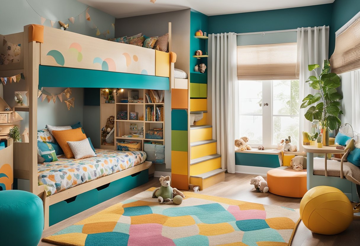 A colorful, whimsical children's bedroom with a cozy reading nook, bunk beds, and a play area with toy storage. Bright, gender-neutral colors and playful patterns create a fun and inviting space