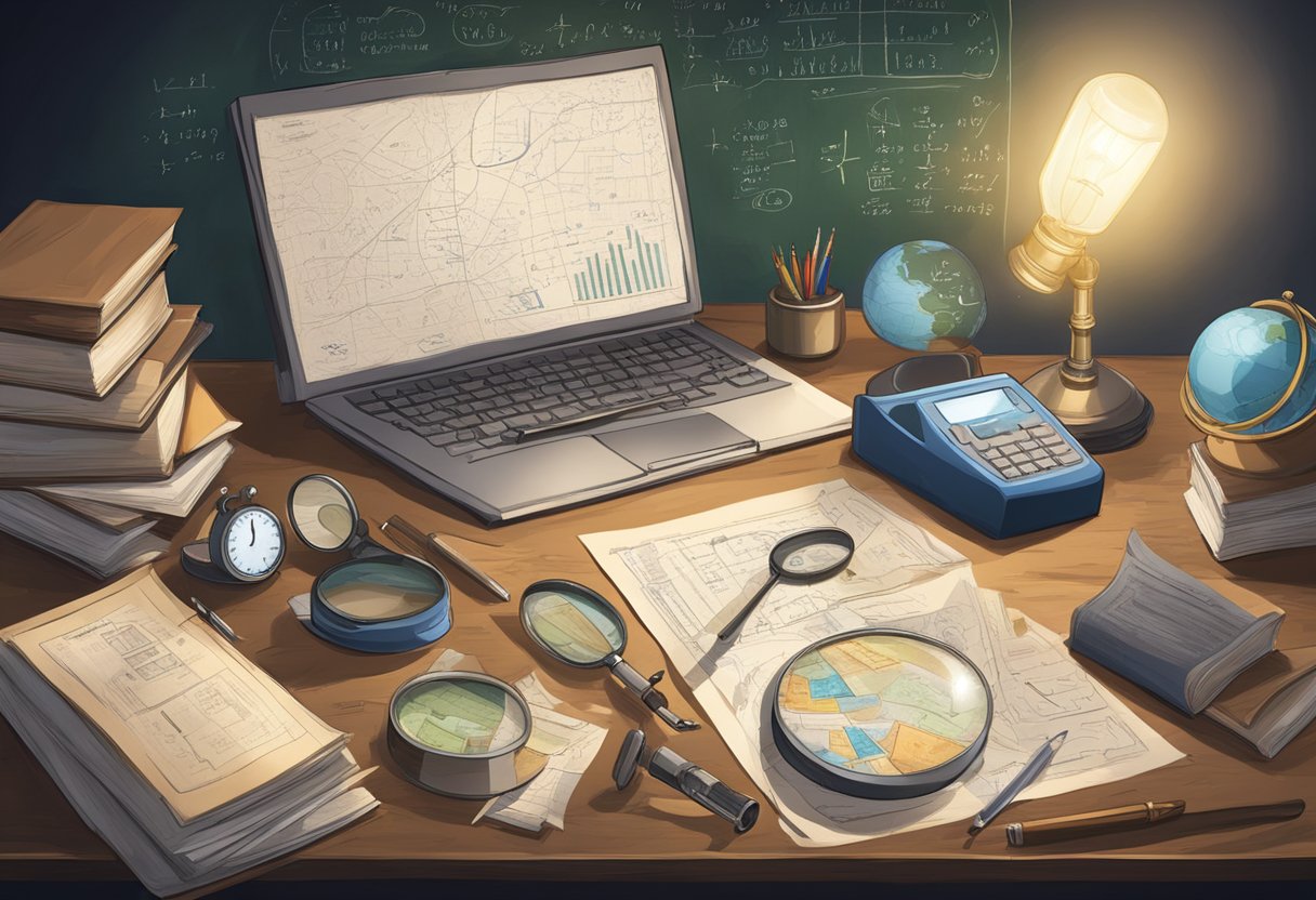 A detective's desk cluttered with papers, maps, and equations, with a magnifying glass and a flashlight nearby. A chalkboard displays complex mathematical formulas