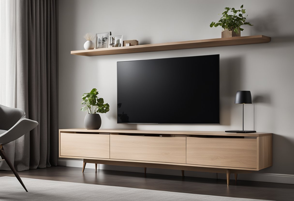 A sleek, wall-mounted TV unit with built-in shelves and hidden storage compartments. The design features clean lines and a modern, minimalist aesthetic