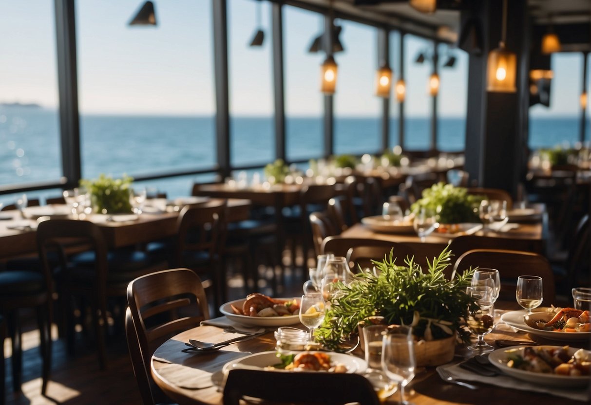 The bustling seafood restaurant is filled with the aroma of fresh fish and the sound of sizzling pans. The dining area is adorned with nautical decor, and large windows offer a stunning view of the ocean