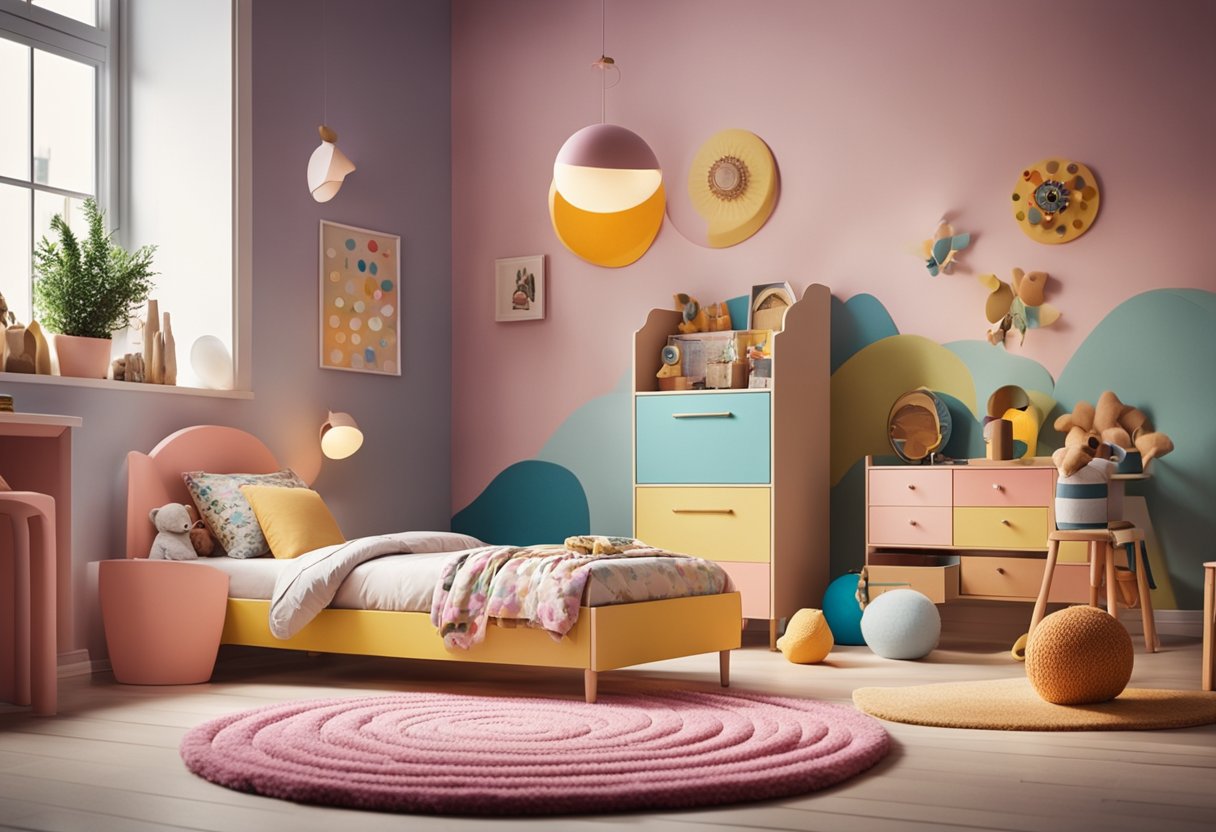 A colorful and cozy children's bedroom with playful decor, whimsical furniture, and vibrant patterns. Toys scattered on the floor and a soft, fluffy rug complete the inviting atmosphere