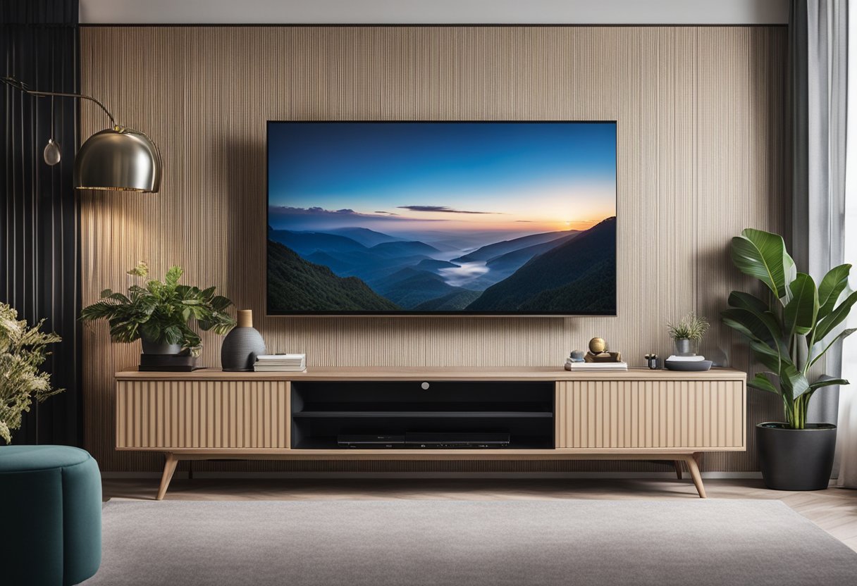 A sleek, modern TV unit stands against a patterned wallpaper in a well-lit bedroom, showcasing personalized decor and stylish accents