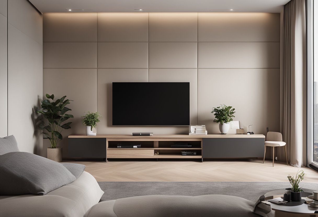 A modern bedroom with a sleek TV unit against a neutral-colored wall, featuring integrated storage and minimalist design