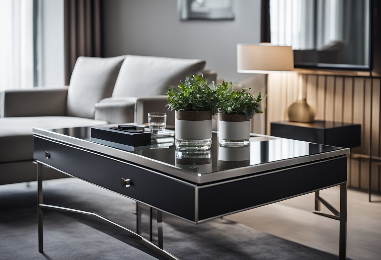 A sleek, modern bedroom table with a glass top, metal legs, and a minimalist design