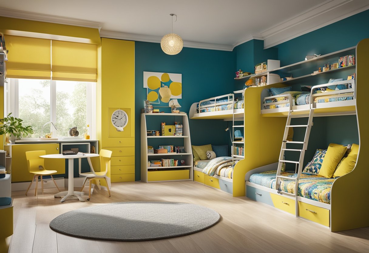A spacious, well-organized children's bedroom with bunk beds, study area, and plenty of storage. Bright colors and fun patterns create a playful yet functional space