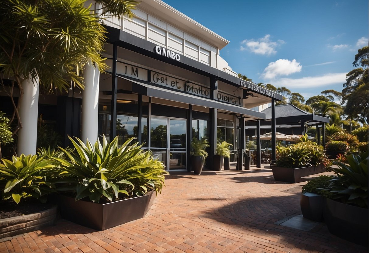 The exterior of Gambaro Seafood Restaurant features a grand entrance with a canopy, large windows, and a prominent sign. The building is surrounded by lush greenery and is situated near a bustling waterfront