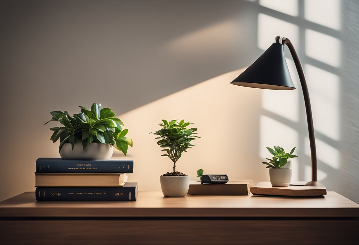 A sleek wooden table with a built-in drawer and a modern lamp on top, a stack of books, and a small potted plant as decor