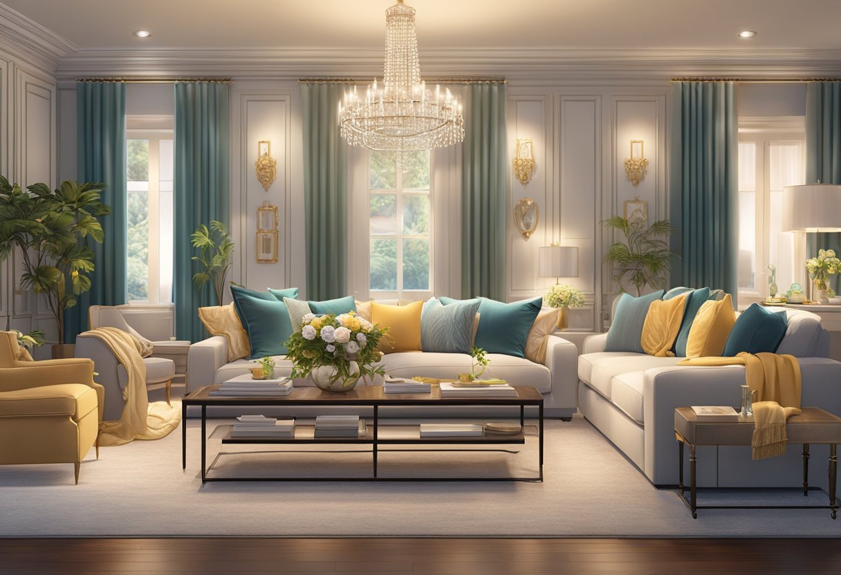 A lavish living room with plush furniture, elegant decor, and soft lighting