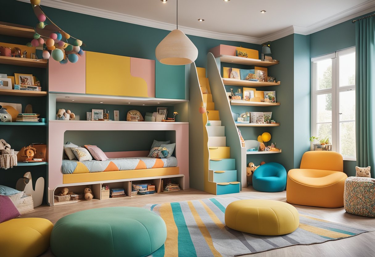 A colorful and cozy children's bedroom with bunk beds, a reading nook, and plenty of storage for toys and books. Bright, playful wallpaper and fun, themed decor complete the space