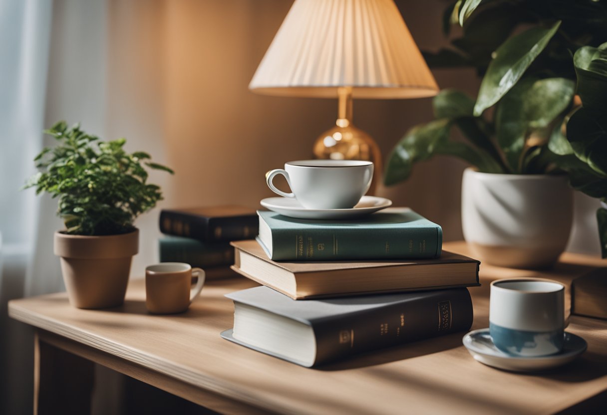A cozy bedroom table with a warm lamp, a stack of books, a potted plant, and a cup of tea