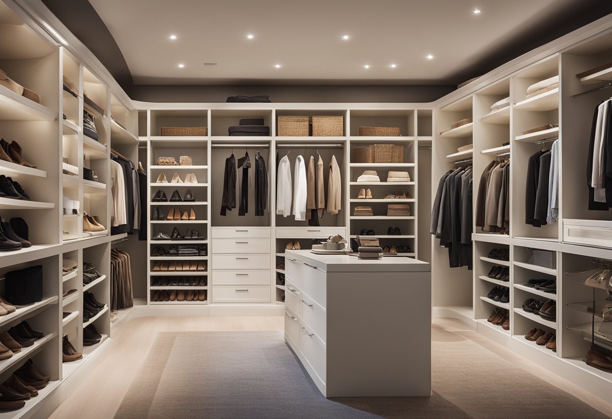 A spacious walk-in closet with built-in shelves, drawers, and hanging rods. Soft lighting illuminates the neatly organized clothing and accessories