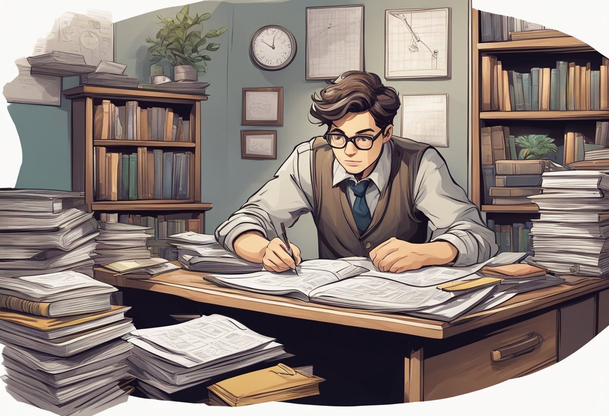 A young detective sits at a cluttered desk, surrounded by books and papers. They are solving a complex math problem with a determined look on their face
