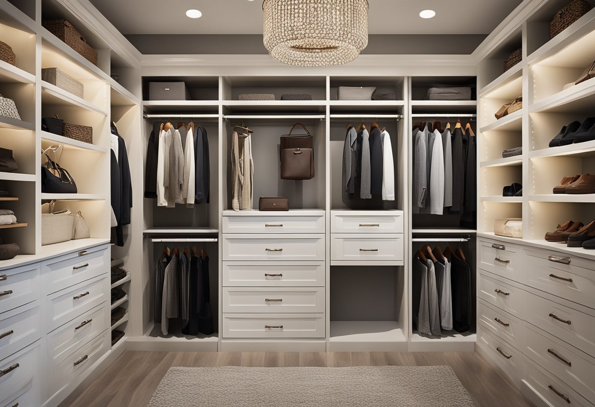 A spacious walk-in closet with built-in shelves, drawers, and hanging rods. A central island provides additional storage and a place for accessories. The closet is well-lit with overhead lighting and features a full-length mirror