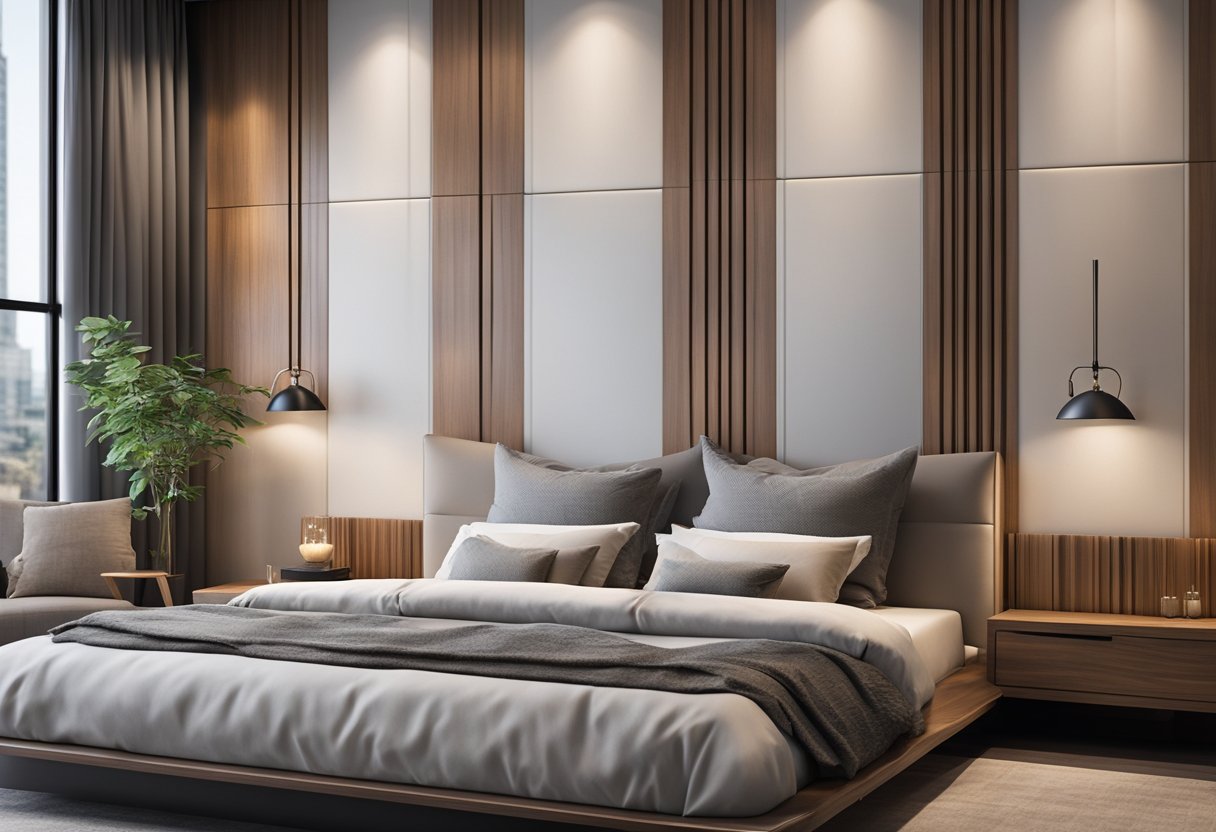 A bedroom wall with various panel types and materials, such as wood, fabric, and wallpaper, arranged in a stylish and modern design
