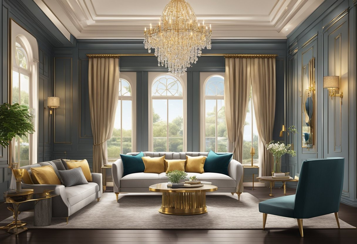 A luxurious living room with plush furniture, elegant lighting, and intricate architectural details. Rich textures and vibrant colors create a sophisticated and inviting atmosphere