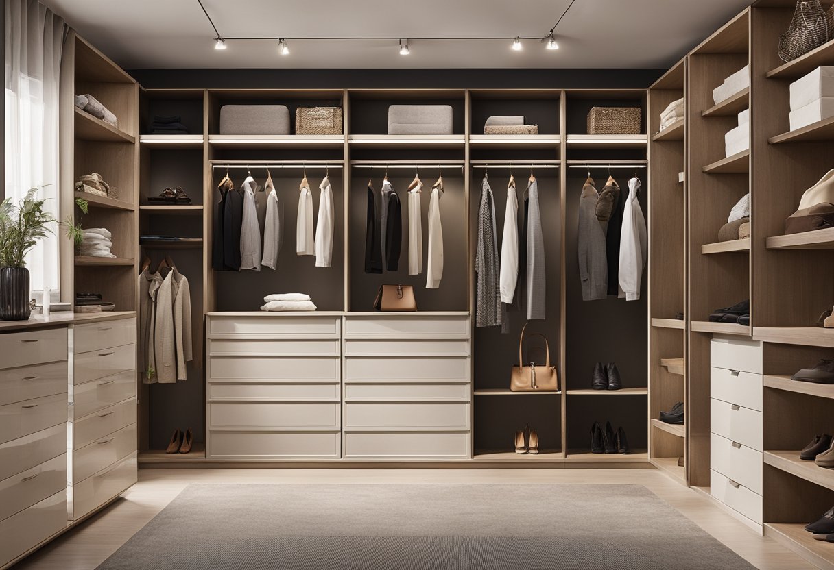 A spacious walk-in closet with custom shelving, drawers, and hanging space. Soft lighting and a full-length mirror add a touch of luxury