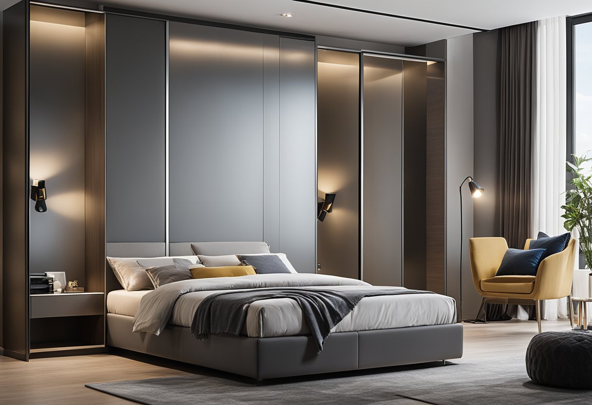 A modern bedroom with sleek wardrobe designs, featuring sliding doors and built-in lighting