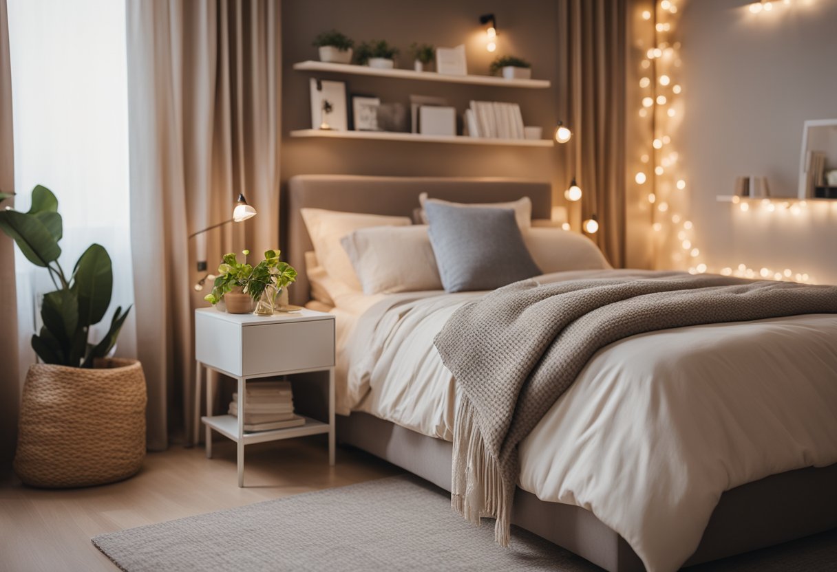 A warm, inviting bedroom with soft, neutral colors, plush bedding, and warm lighting. A comfortable armchair and a small bookshelf add to the cozy atmosphere