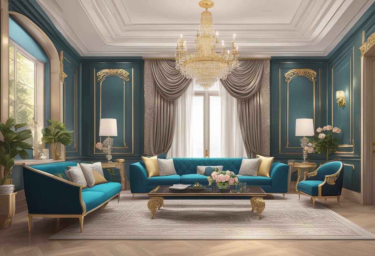The room is adorned with elegant furniture, luxurious fabrics, and intricate decorative details, creating a sophisticated and visually stunning interior design